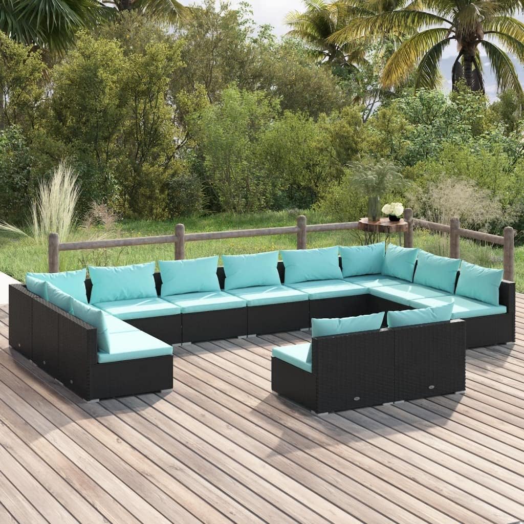 12 Piece Patio Lounge Set with Cushions Black Poly Rattan,Modular Patio Lounge Set with WaterResistant Rattan and Comfortable Cushions for Outdoor Relaxation Patio Furniture, Outdoor Furniture Sets