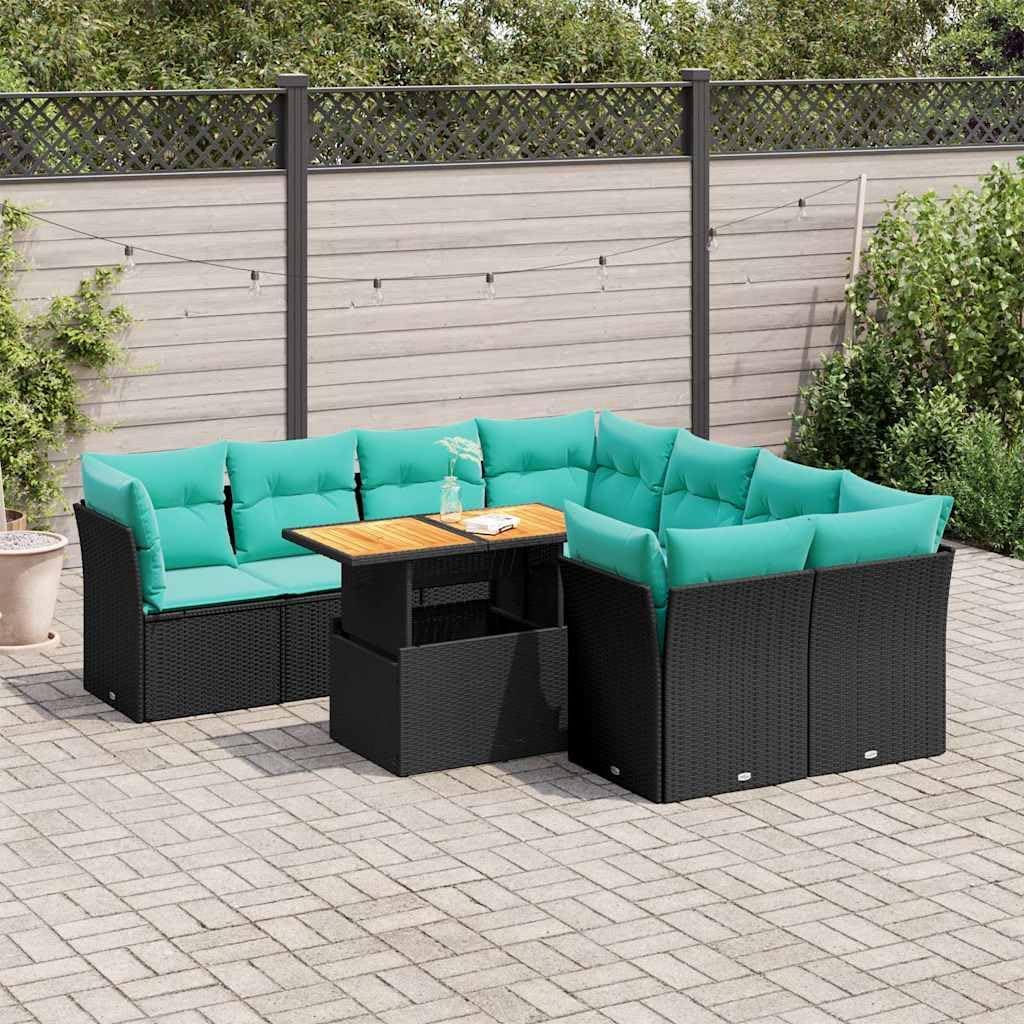 9 Piece Patio Sofa Set, Black Poly Rattan, Outdoor Sectional Furniture with Storage, Adjustable Table, UV-Proof, for Garden, Balcony