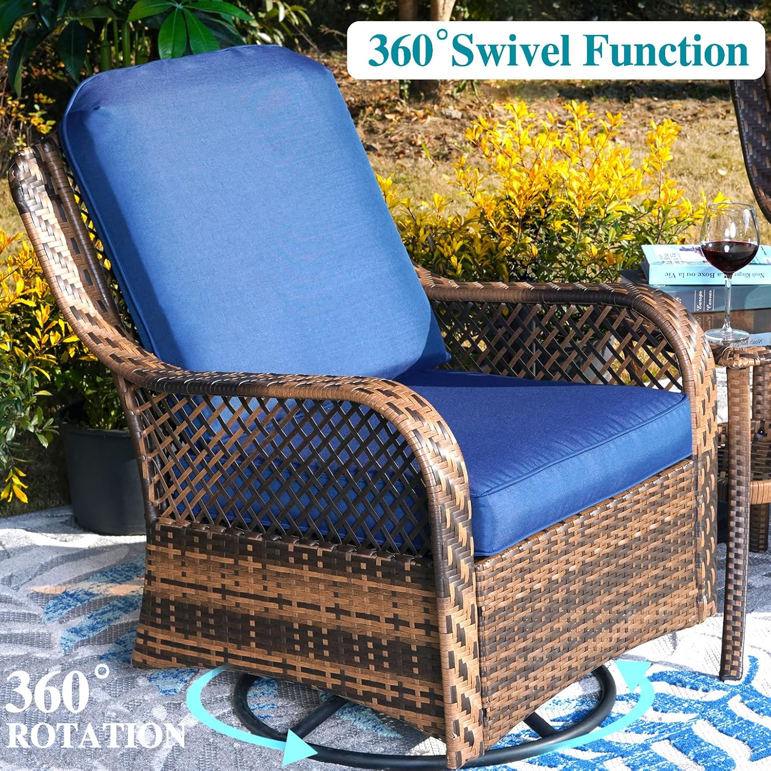 PHI VILLA 4 Piece Outdoor Swivel Rocker Chairs Patio Furniture Set with Gas Fire Pit Table Square, Wicker Patio Conversation Fire Pit Table Set for Garden, Deck, Porch, Backyard (Navy Blue)