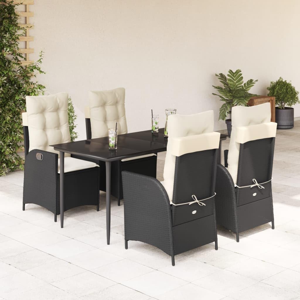 Furniture Sets 5 Piece Patio Dining Set with Cushions Black Poly Rattan,Outdoor Garden Dining Set with Reclining Chairs, Adjustable Backrests, and Washable Cushions Garden Conversation Sets