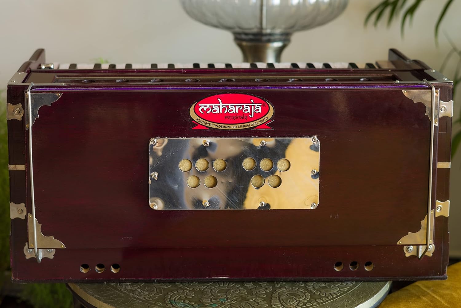 Harmonium #1, Maharaja Musicals, Handmade Harmonium, 3 1/4 Octave (Saptak), 7 Stop, Standing, Coupler, Multi Bellow, Padded Bag, Tuned A440, Dark Mahogany Color, PDI-DB