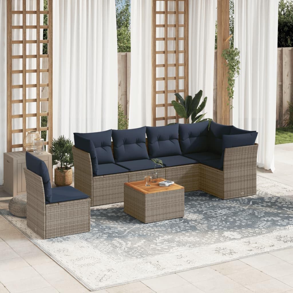7 Piece Patio Sofa Set with Cushions, Gray Poly Rattan Outdoor Furniture, Modular Design for Backyard Terrace Balcony, UV-Proof