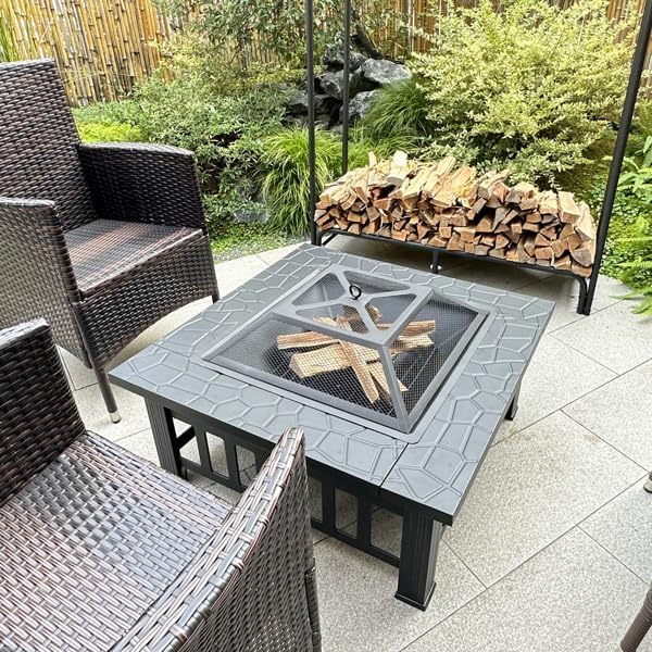 Fire Pit 32'' Wood Burning Firepit Metal Square Outdoor Fire Tables SteelFire Pit Bowl with Spark Screen Cover, Poker Log Grate for Patio Bonfire Camping Backyard Garden Picnic