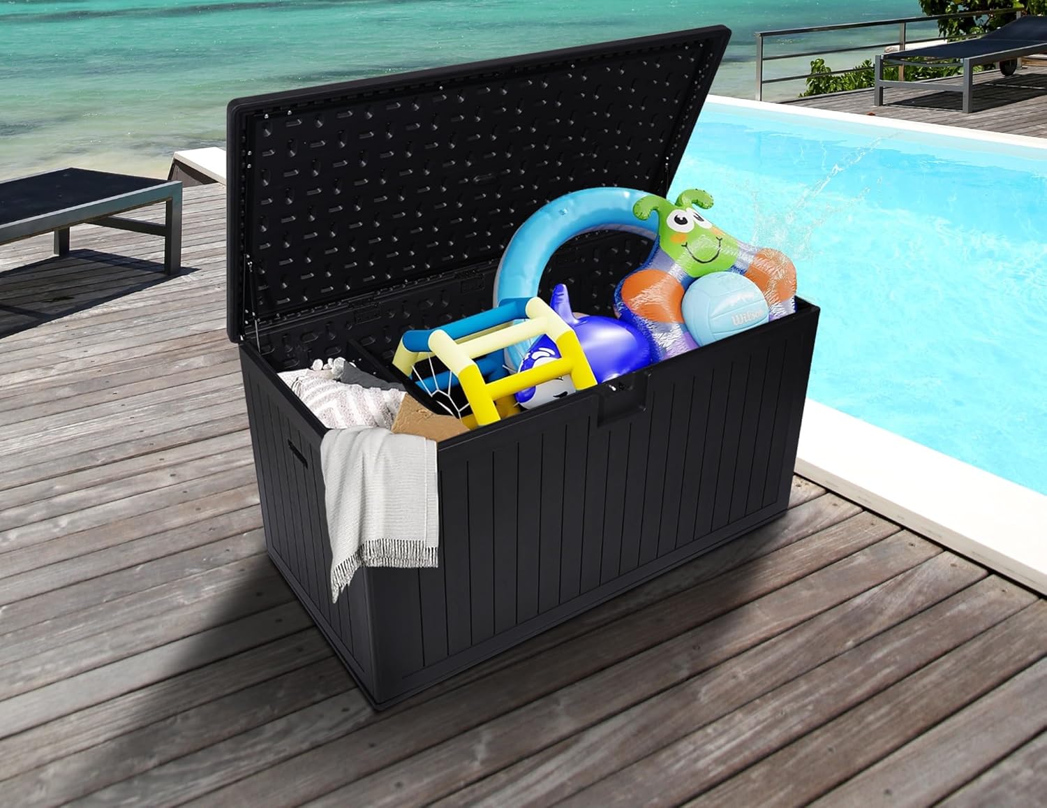 260-Gallon Waterproof Resin Outdoor Deck Box-Ultimate Patio Storage Solution with Lockable Lid,Hydraulic Hinges,Free Elevating Feet, Versatile Table Use&for Garden, Backyard&Poolside Organization