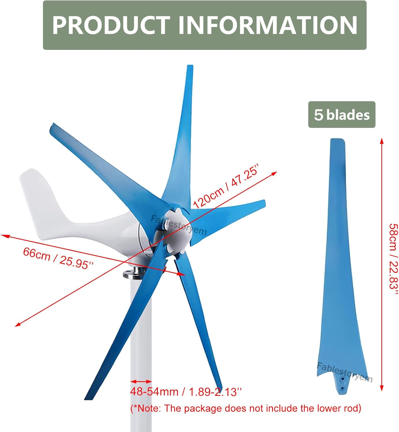12000W Wind Turbine, DC 12V/24V/48V 5 Blade Wind Vertical Generator, 3 Phase AC Permanent Magnet Generator Wind Turbine Kit with MPPT Controller Suit for Hybrid Solar Wind-System,Blue-48V