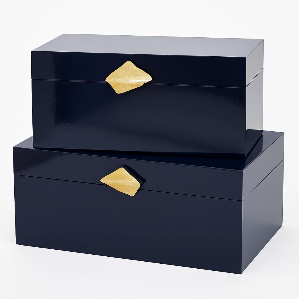 Vintiquewise Set of 2 Decorative Wooden Storage Boxes with Gold Accent – Boxes for Keys, Jewelry, Makeup, Accessories, Crafts, Gadgets, Home Office, Living Room, Bedroom & Entryway Décor, Blue