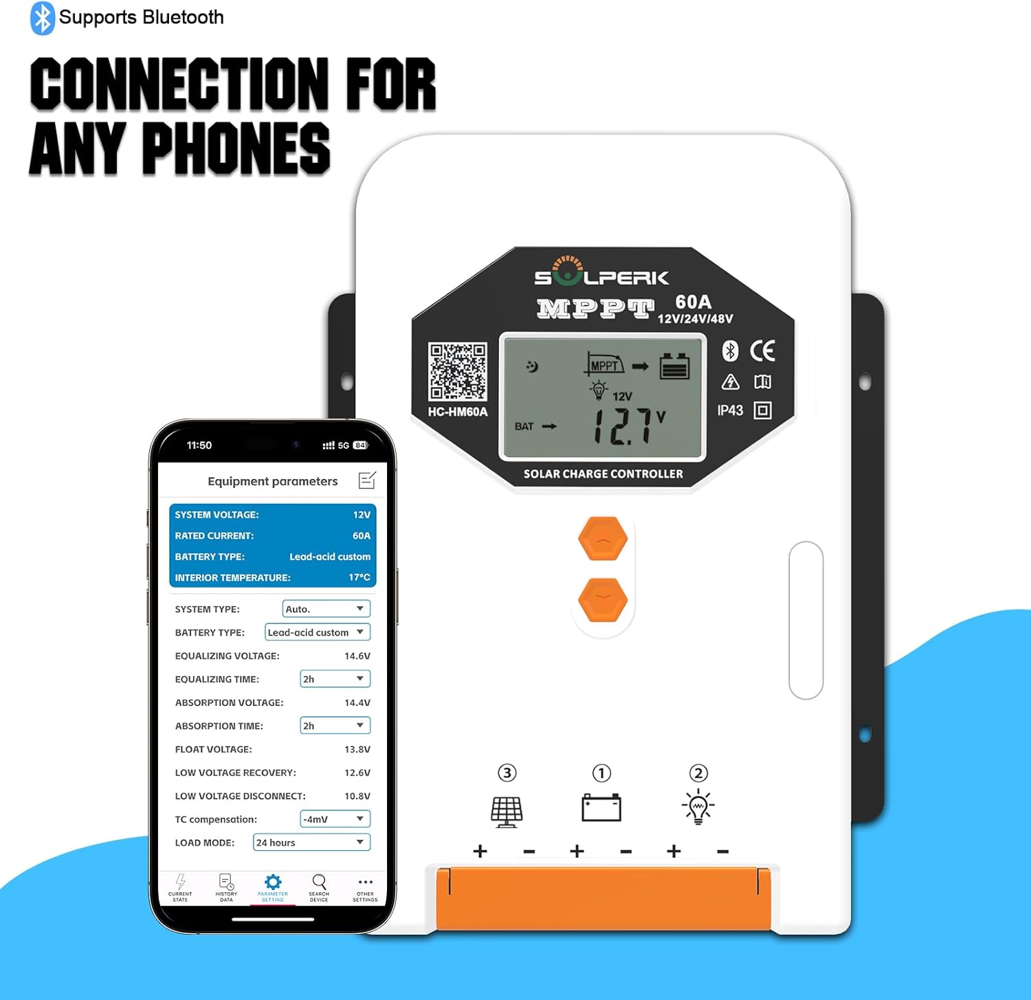 SOLPERK MPPT Solar Charge Controller, 60A 12V/24V/48V Auto, Input LCD Display Regulator Intelligent Solar Panel Regulator for LiFePO4, SLD,Gel Sealed, Lithium, AGM, Flooded Battery