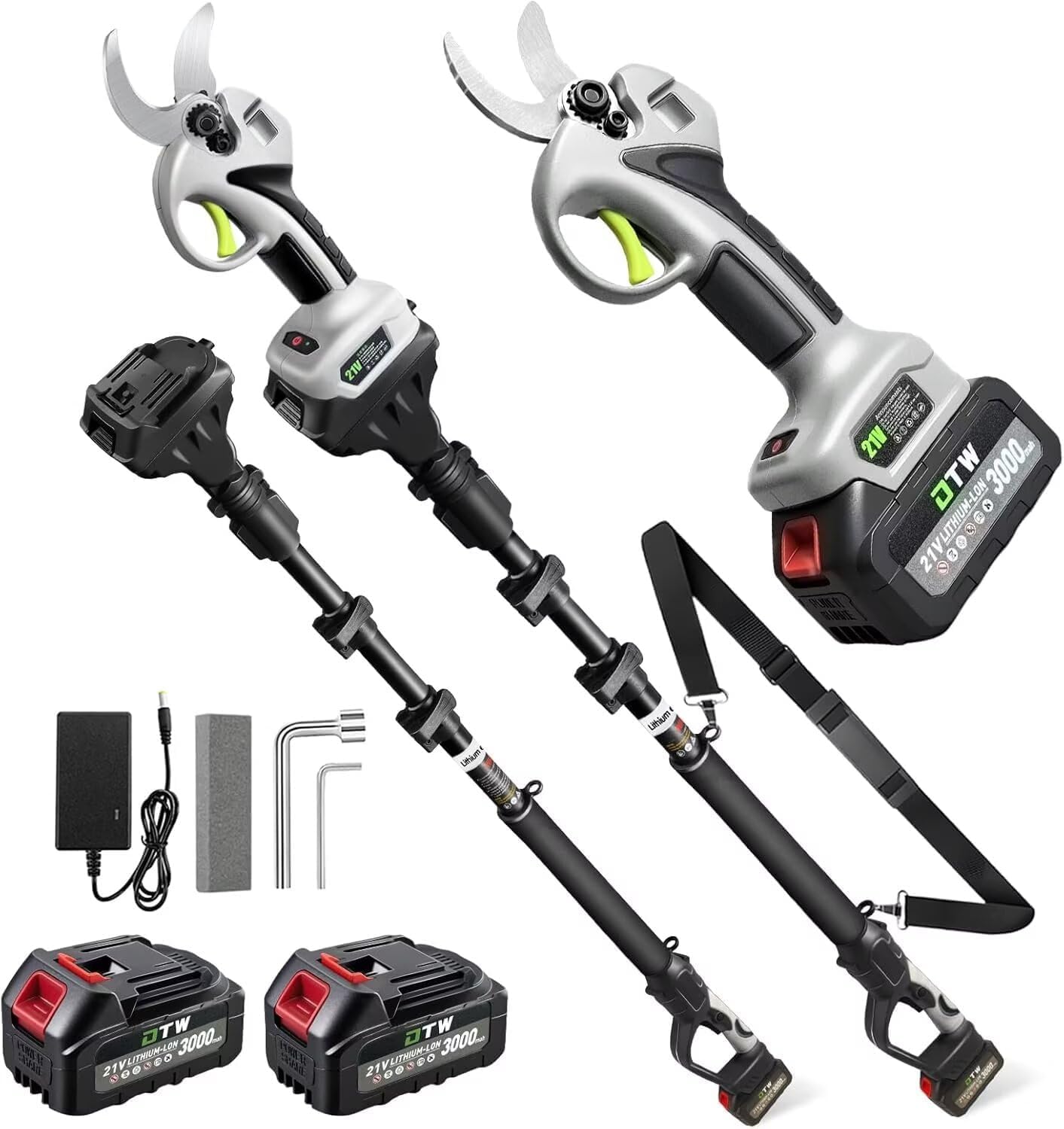 Electric Pruning Shears with Pole 1.4-2.0 Cutting Diameter & 2-IN-1 Electric Pole Pruner,2PCS 21V 3.0Ah Batteries,Brushiless Motor,4 Modes Adjustable Branches Cutter for Flower, Tree Trimming (Gray)