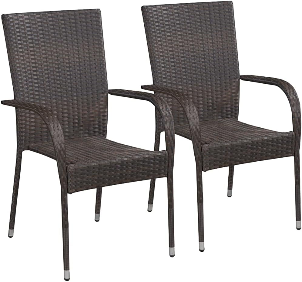 Stackable Patio Chairs 2 pcs Poly Rattan Brown,Durable PE rattan construction ensures water resistance and longevity, while the powdercoated steel frame provides exceptional sturdiness and stability.