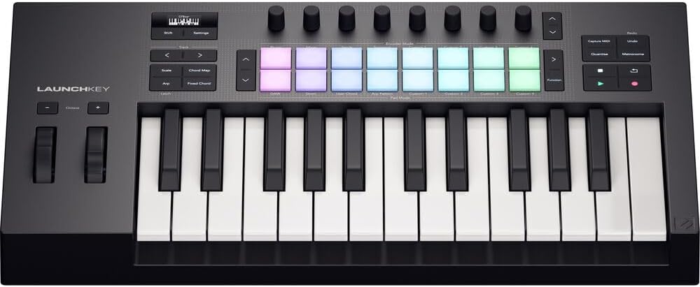 Novation Launchkey 25 MK4 USB MIDI Keyboard Controller (25 Keys) Bundle with HPC-A30 Closed-Back Studio Monitor Headphones, FP-P1L Universal Piano-Style Sustain Pedal and Mid-310 Black 10' Midi cable