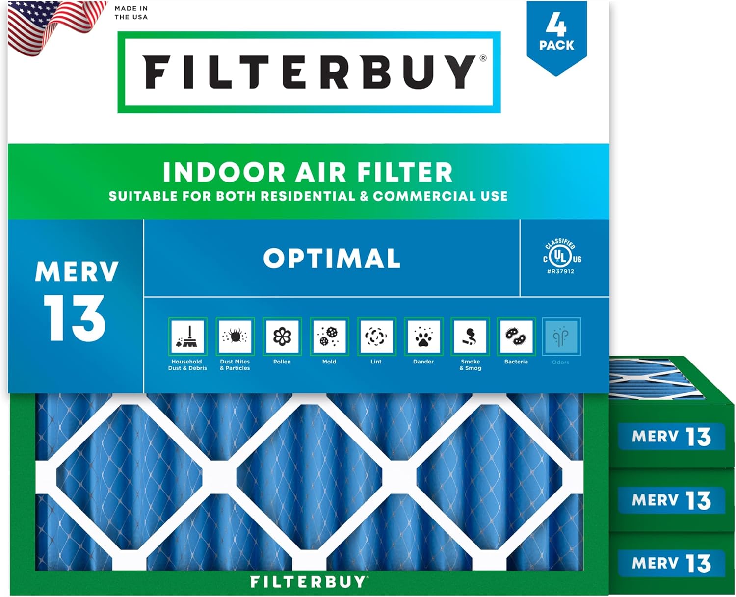 Filterbuy 28x28x2 Air Filter MERV 13 Optimal Smoke & Allergy Defense (4-Pack), Electrostatic Pleated HVAC AC Furnace Filters Replacement, Made in USA (Actual Size: 27.00 x 27.50 x 1.75)