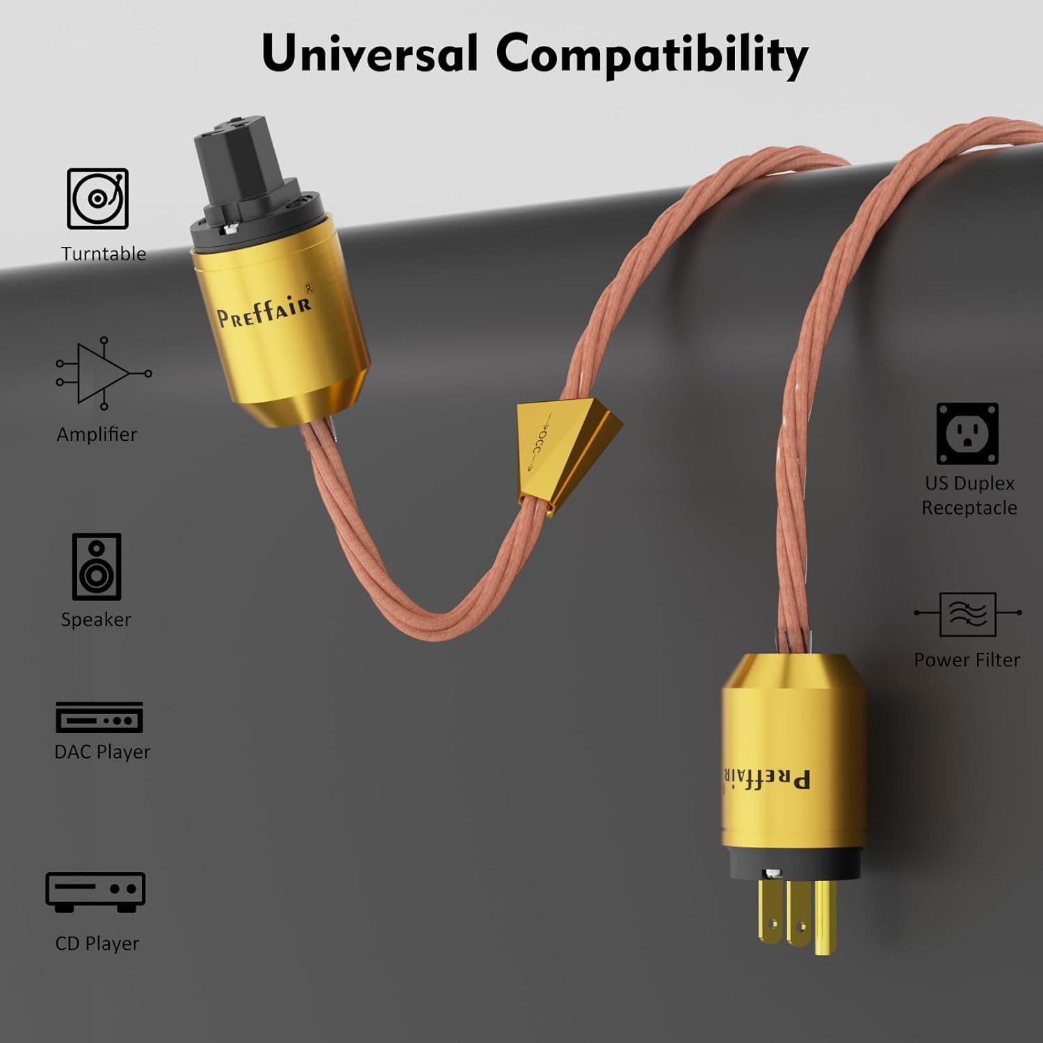 Preffair X461 OCC 5N Copper AC Power Cables 15AWG/4 x 1.5mm2 Wires with Gold Plated US 3 Prong-C15 IEC320 Power Connectors for Audiophile Subwoofer, Turntable, AMP, DAC (2M/6.6FT, X461P102G)