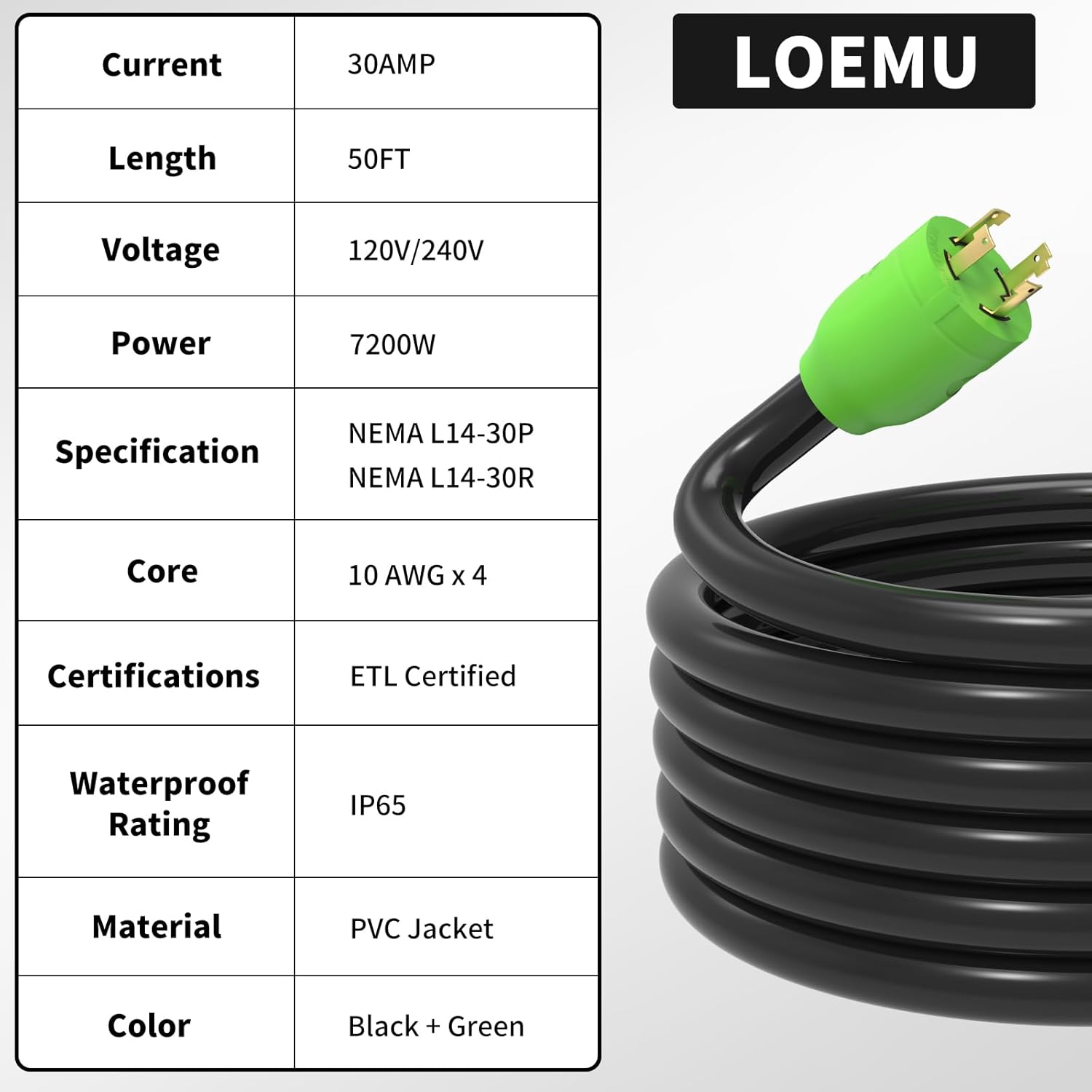 50FT 30 Amp Generator Extension Cord, NEMA L14-30P/L14-30R 10 Gauge Twist Lock Cord 4 Prong, STW Heavy-Duty Waterproof Generator Cord Black
