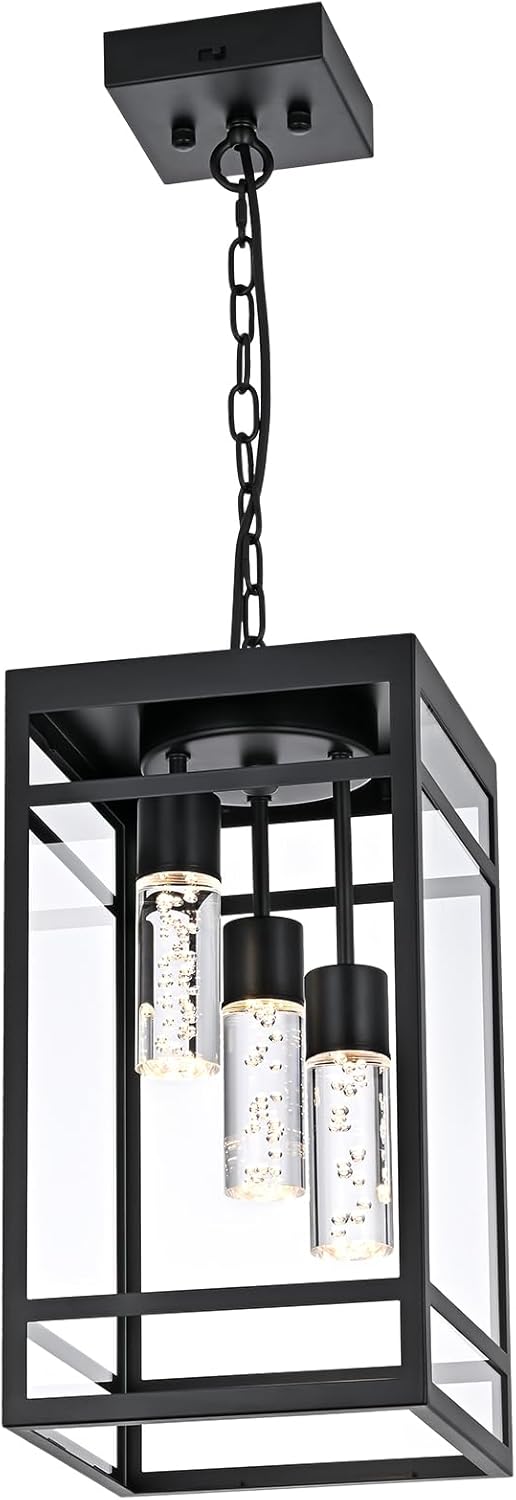 Outdoor LED Pendant Light Fixtures for Porch,3 Lights 5CCT Outdoor Pendant Light,Black LED Integrated Bulbs Hanging Lantern,Farmhouse Exterior Ceiling Light for Patio,Foyer,Entryway,Hallway