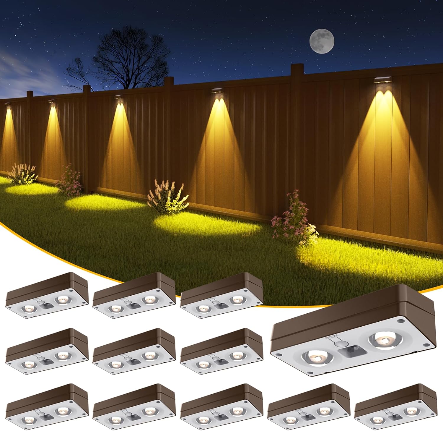 Solar Fence Lights 12 Pack Brown, 50 Lumens Outdoor Fence Lights Solar Powered with 12 Modes RGB Color Glow LED Deck Lighting Outdoor Waterproof IP65, Backyard, Deck, Porch, Railing, Pool, Wall
