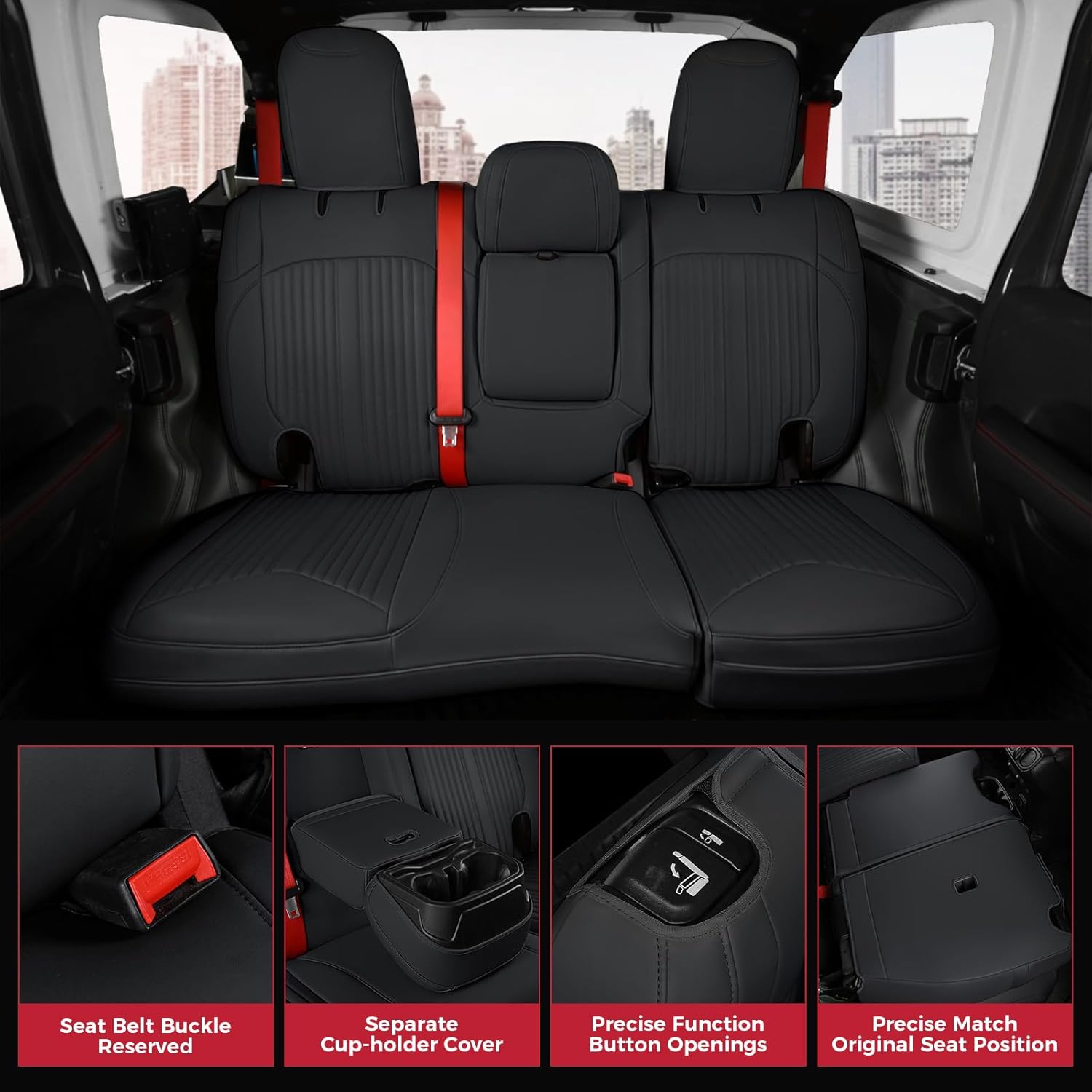 FREESOO Custom Seat Covers Full Set for Jeep Wrangler 4 Door 2018-2025 JL Accessories Sahara Altitude Rubicon 392 X High Altitude Unlimited, with Rear Cup Holder (Black)