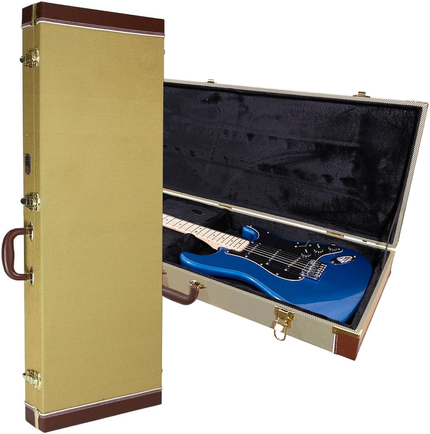 Gearlux Electric Guitar Hard Case for Fender Stratocaster/Telecaster and Standard-Size Guitars with Exterior Lock and Key, Interior Accessory Compartment, and Plush Interior Padding - Tweed
