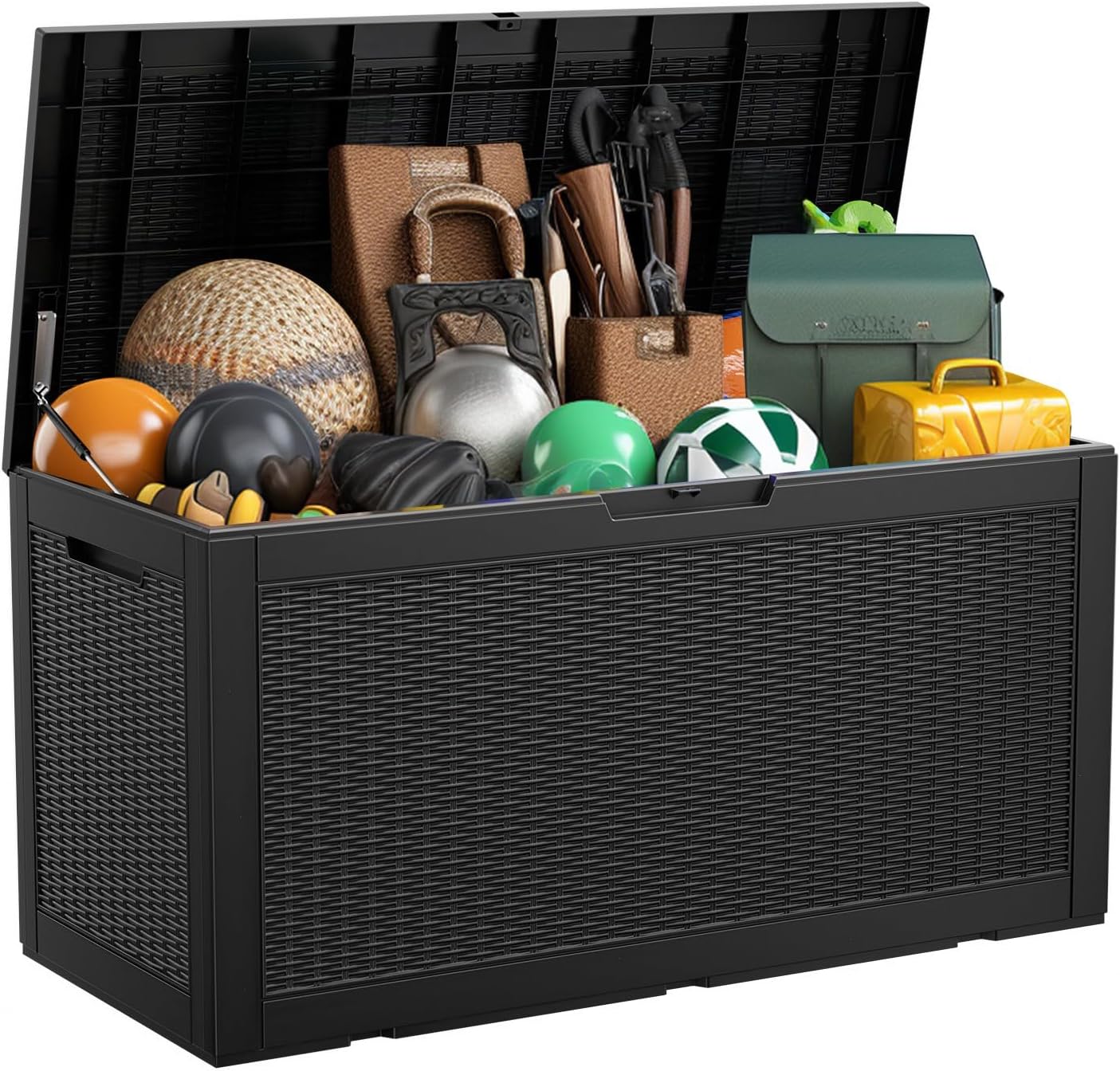 105 Gallon Rattan Deck Box, Lockable Waterproof Ourdoor Storage Container for Pool Accessories, Patio Furniture, Cushions and Garden Tools, Black