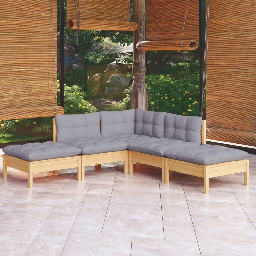 5 Piece Patio Lounge Set with Gray Cushions Pinewood,Versatile Wooden Patio Lounge Set for Outdoor Relaxation and Entertainment Patio Furniture Sets, Outdoor Furniture Sets