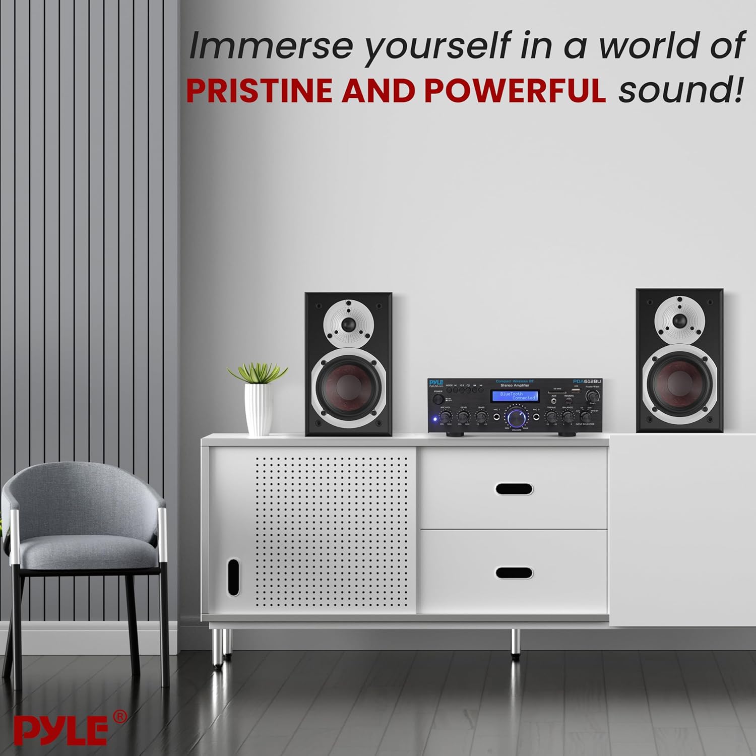 Pyle Compact Bluetooth Stereo Amplifier - 200 Watt Desktop Audio Power Amp Receiver with FM Radio, MP3/USB/SD Readers, Digital LCD Display, Microphone Input - Pyle PDA612BU