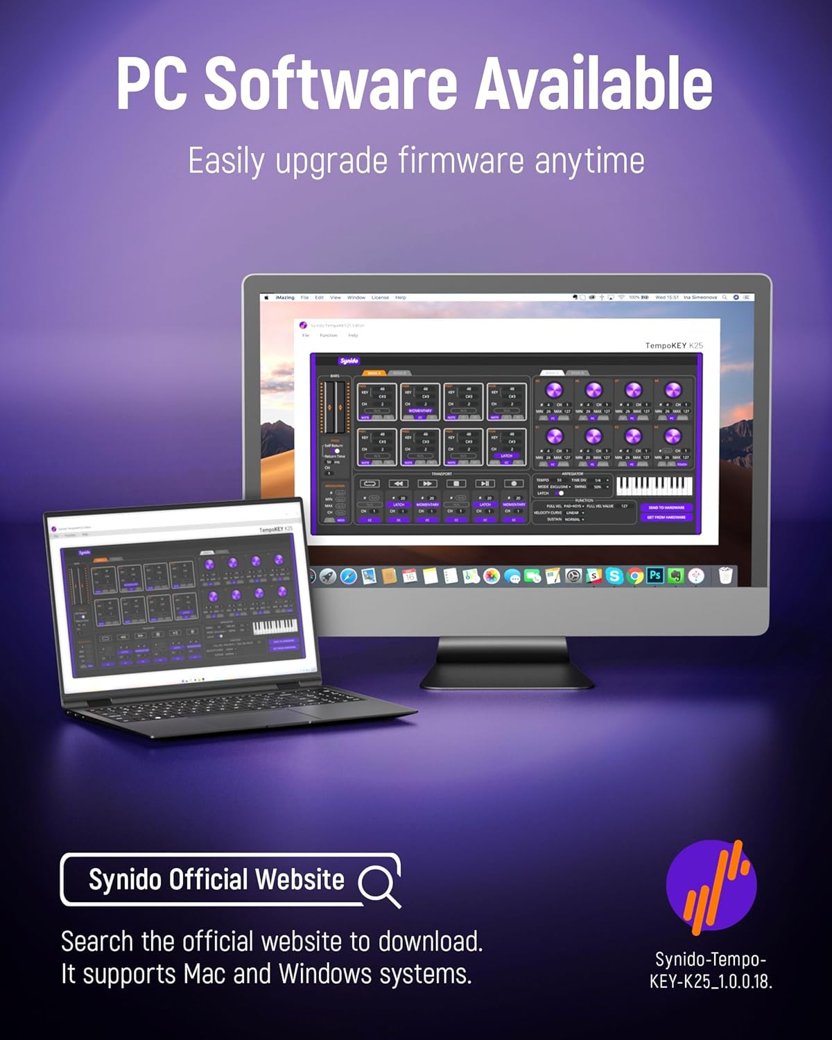 Synido 25 Key USB MIDI Keyboard Controller with Drum Pads, Professional Mini Midi Keyboard with OLED Screen, Beat Maker Machine for Music Production, Purple, TempoKEY K25