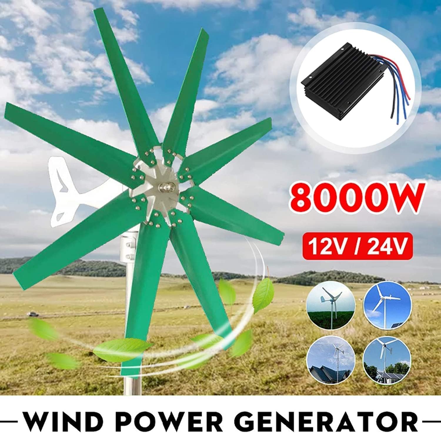 8000W 8 Blades Horizontal Home Wind Turbine Generator Charge with Controller Windmill Energy Wind Generator for Home Use Yacht Farm
