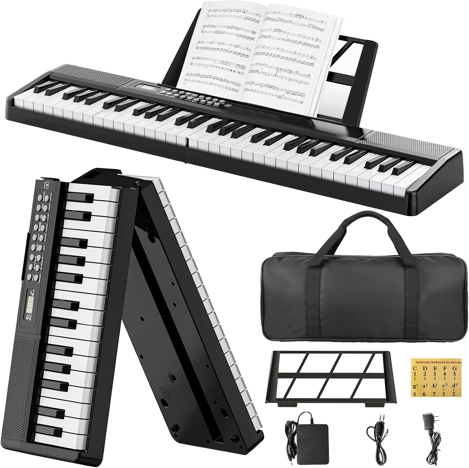 Electronic Piano Keyboard,Bluetooth Foldable 61 Key Semi-Weighted Digital Pianos with Power Adapter,Pedal,Sheet Music Stand,Sticker,Bag,Gift for Beginners,Black