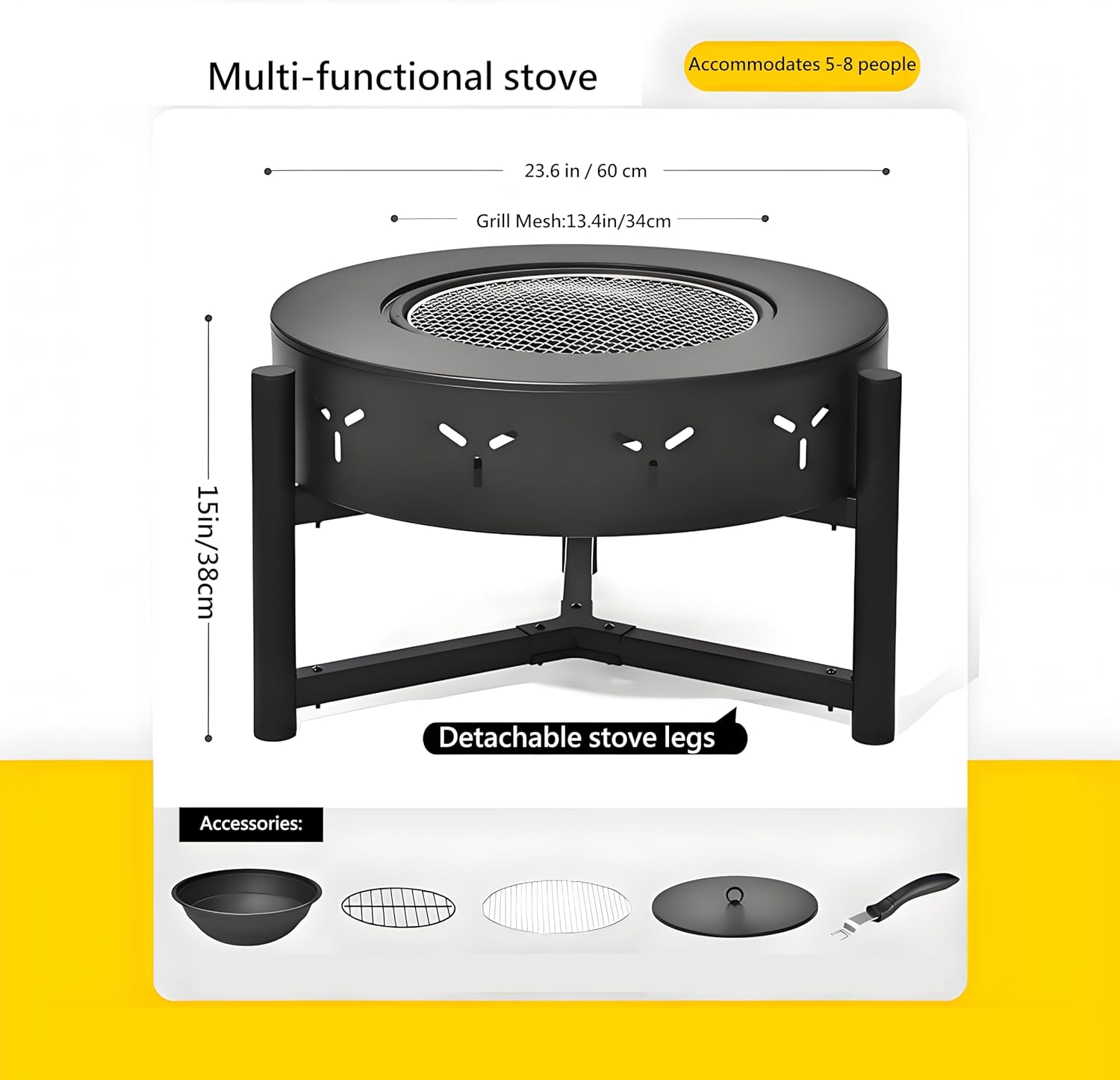 23.6-Inch 3-in-1 Fire Pit with BBQ Grill, Wood Burning Outdoor Firepit with Lid, Heavy Duty Metal Round Table for Patio, Bonfire, Picnic