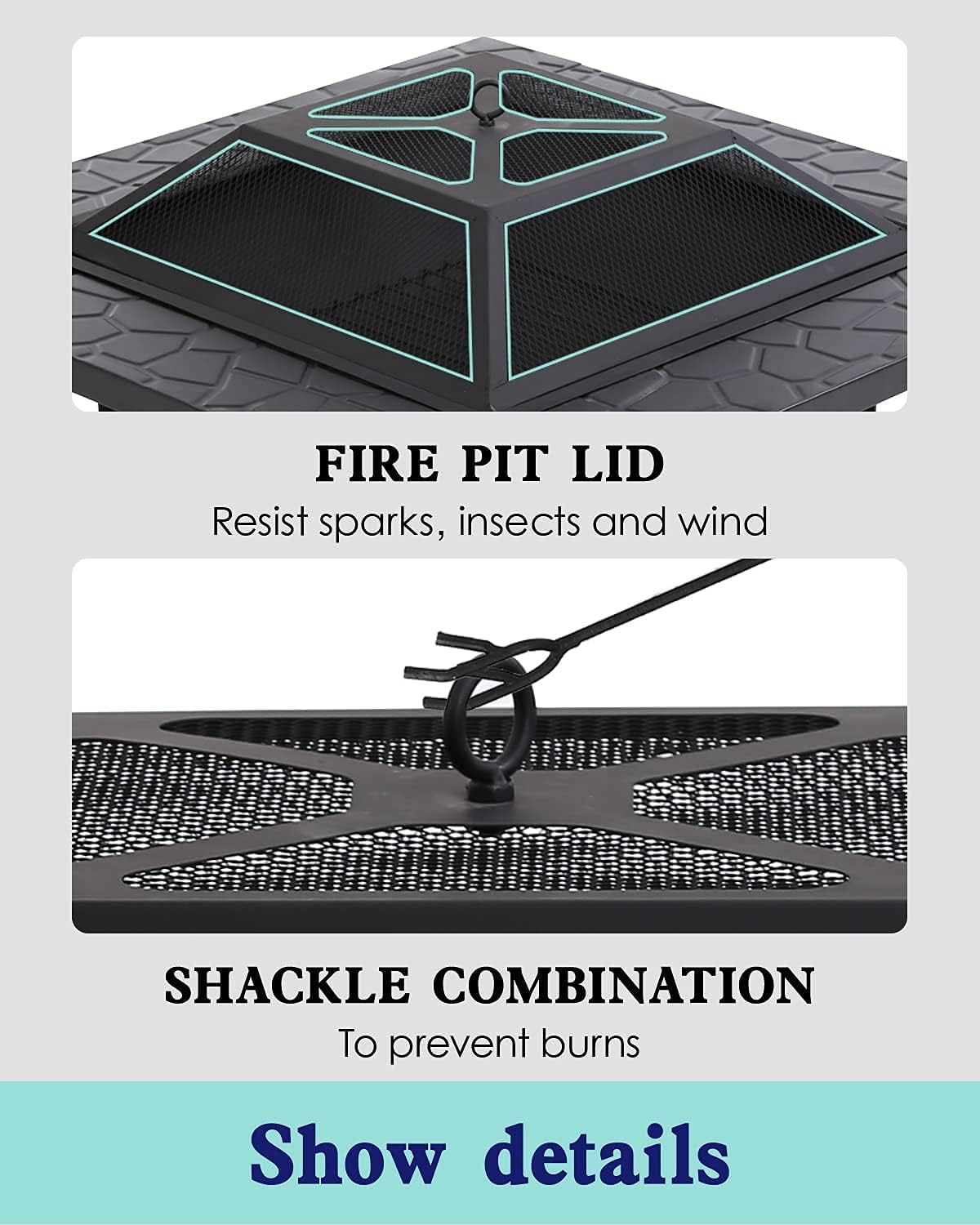 Fire Pit 32in Square Metal Firepit Patio BBQ Fireplace with Charcoal Rack Mesh Cover Poker for Camping Bonfire Picnic Outdoor Heating