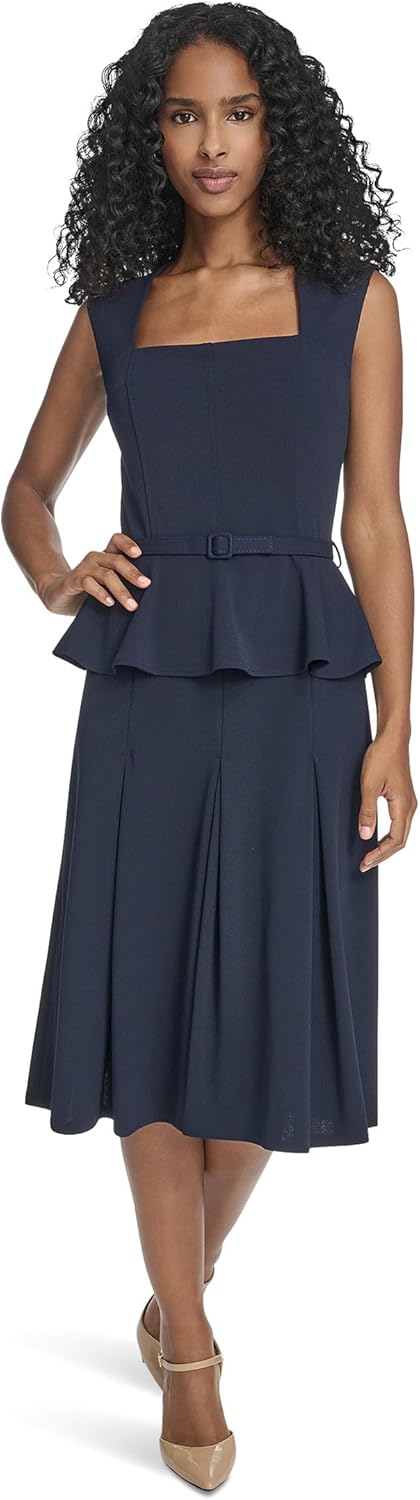 Calvin Klein Womens Sleeveless Square Neck Peplum Crepe Midi Dress