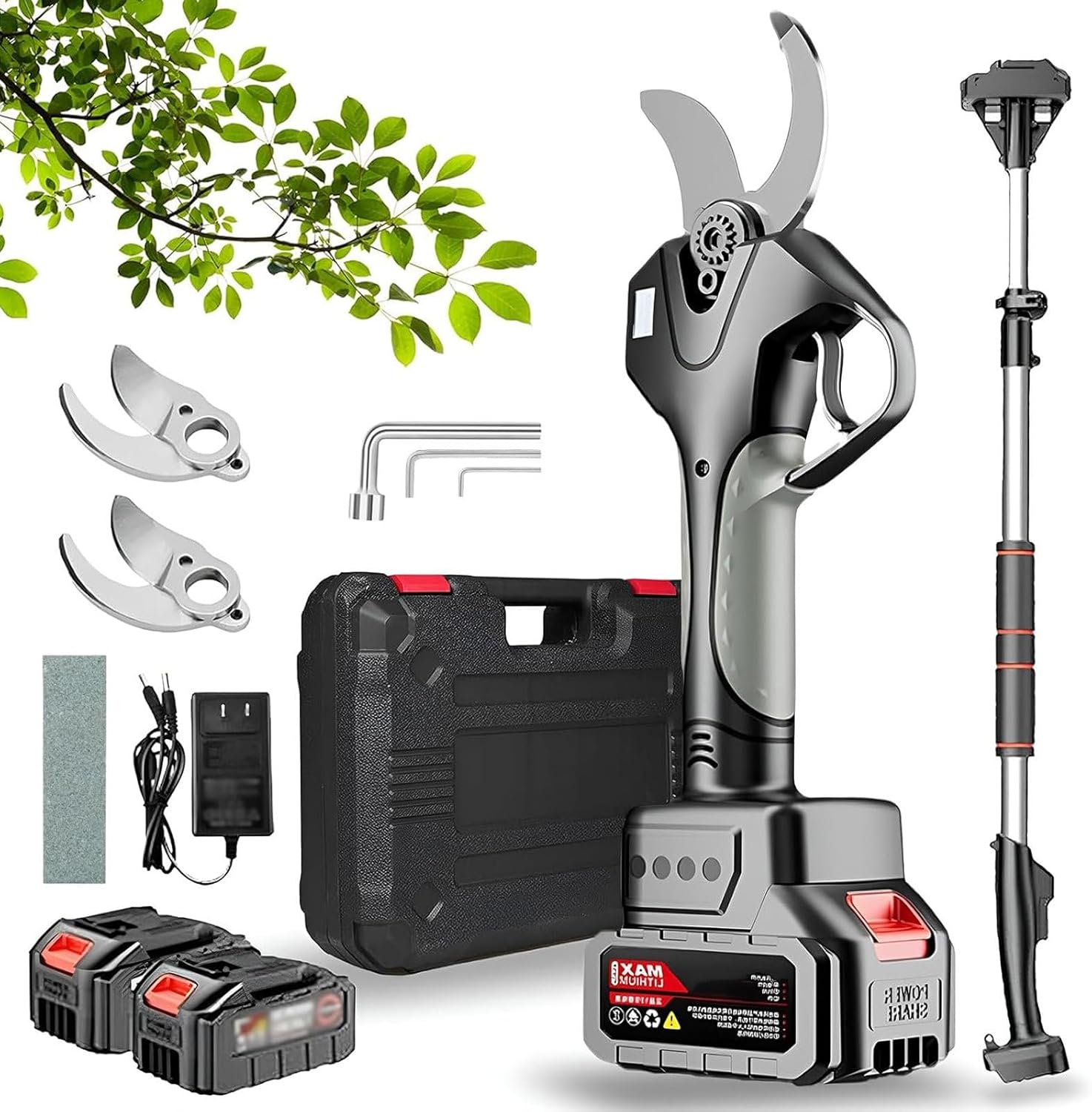 Telescopic Tree Pruner, 50mm Cordless Electric Pruning Shears with 1.3-2.1m Pole, 2×4500mah Battery, Pruning Shears for Vineyards, Olive Trees, Gardening