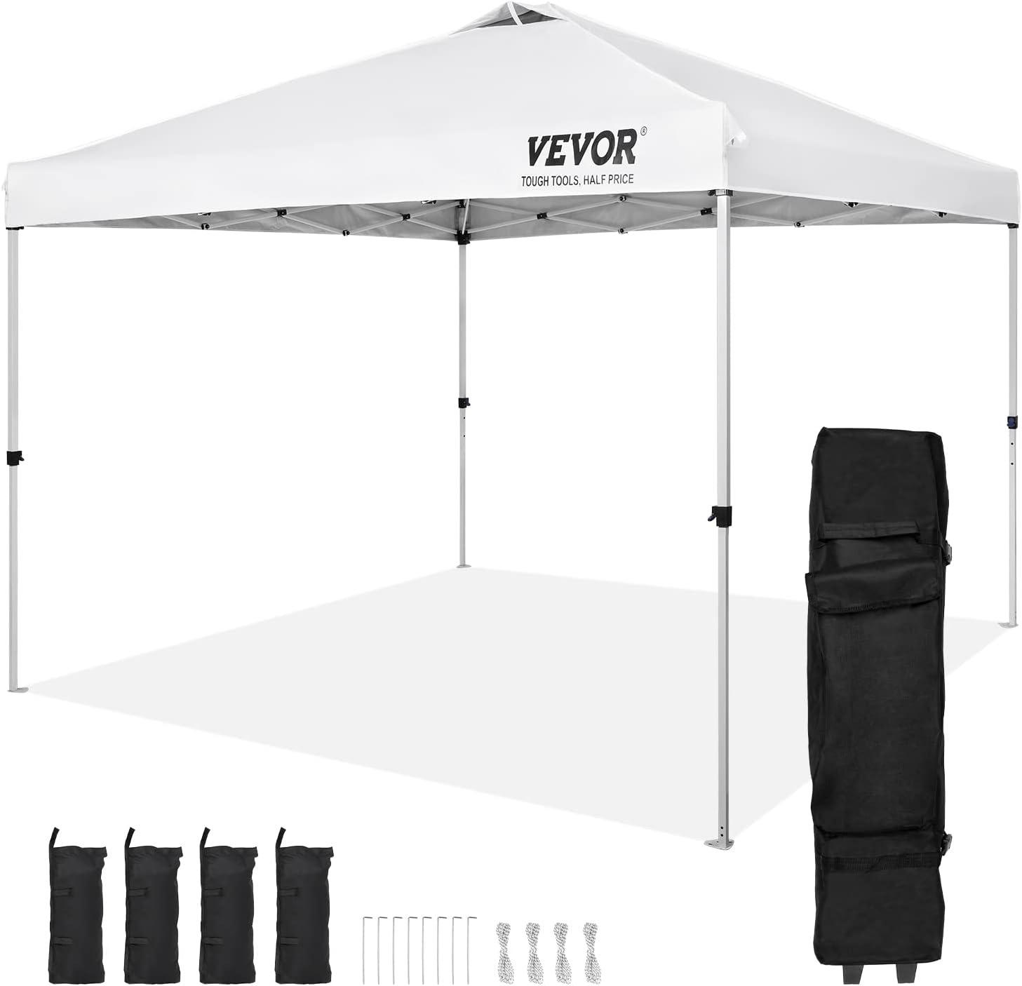 VEVOR Pop Up Canopy Tent, 10 x 10 ft, 250 D PU Silver Coated Tarp, with Portable Roller Bag and 4 Sandbags, Waterproof and Sun Shelter Gazebo for Outdoor Party, Camping, Commercial Events, White