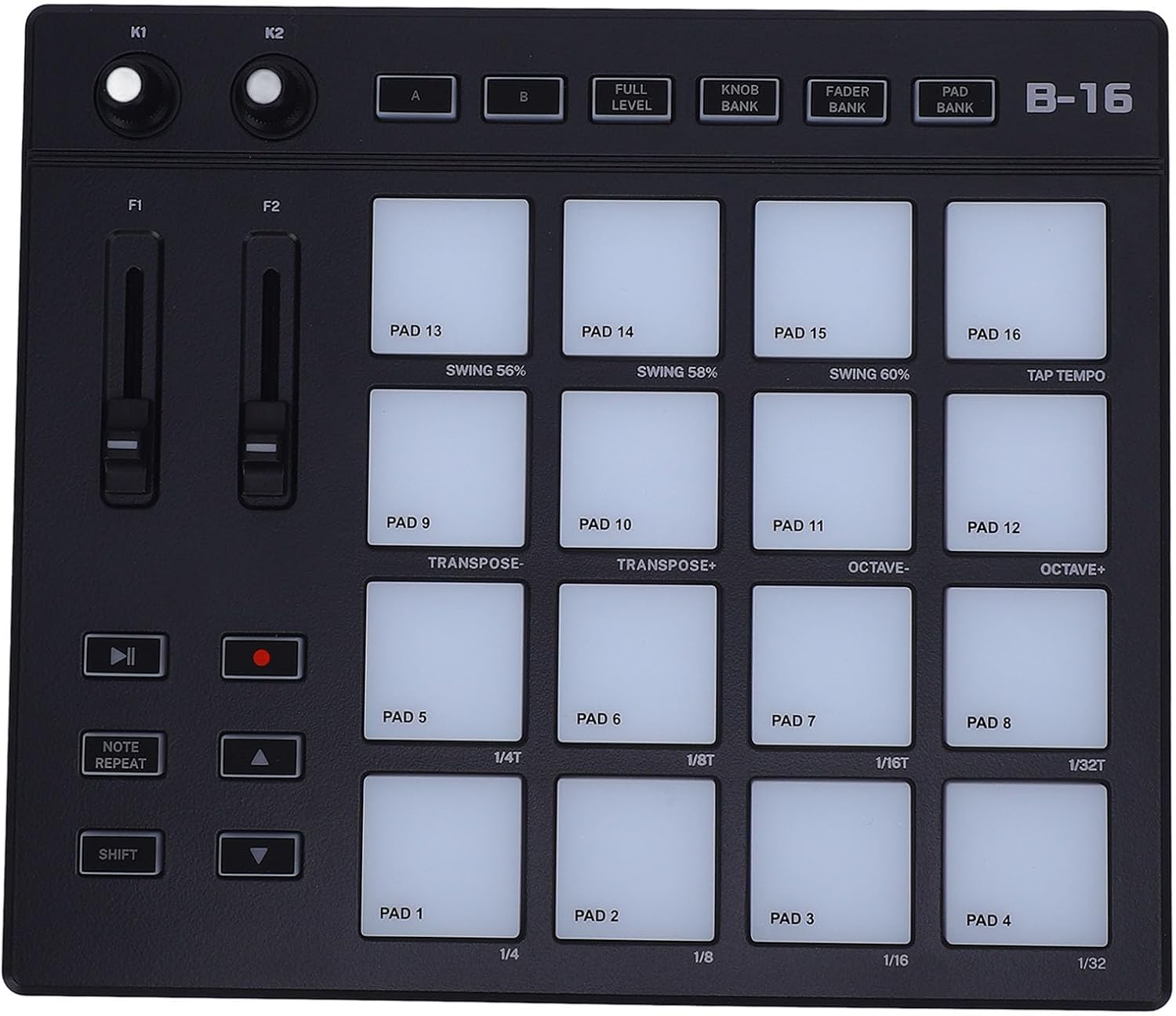 MIDI Pad Beat Maker Machine, Drum Machine with 16 Backlit Drum Pads, 2 Assignable Fader and 2 Adjustable Knobs, Portable RGB Drum Pad for Music Production