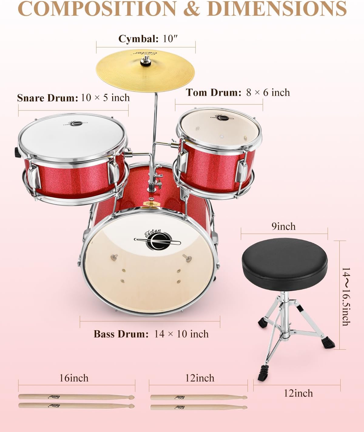 Eastar Drum Set for Kids and Beginners, 3-Piece 14'' Drum Kit with Adjustable Throne, Cymbal, Pedal & Two Pairs of Drumsticks, Junior Drum Set with Bass Tom Snare Drum, Metallic Red