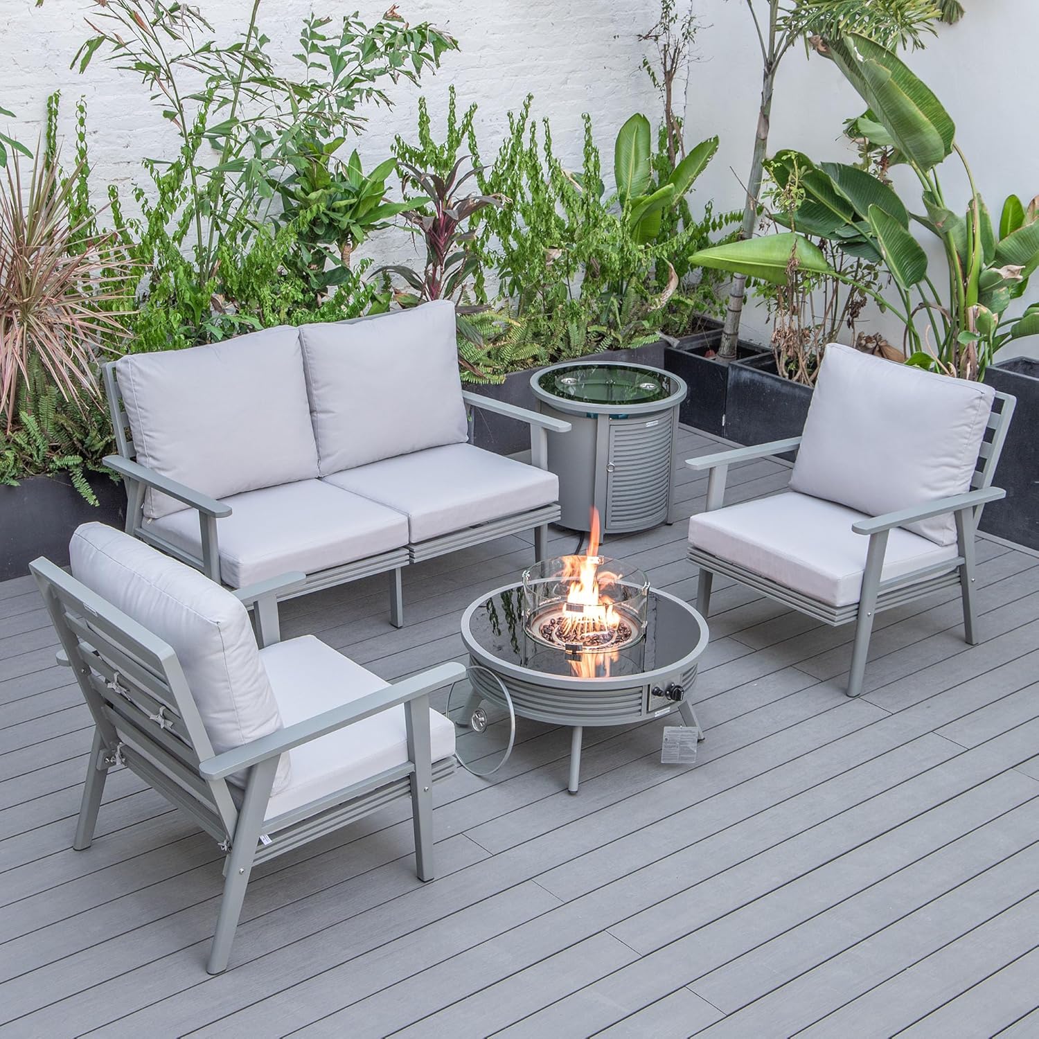 LeisureMod Walbrooke Modern Aluminum 5-Piece Patio Conversation Set with Outdoor Round Fire Pit Slats Design & Side Table Tank Holder, Light Grey