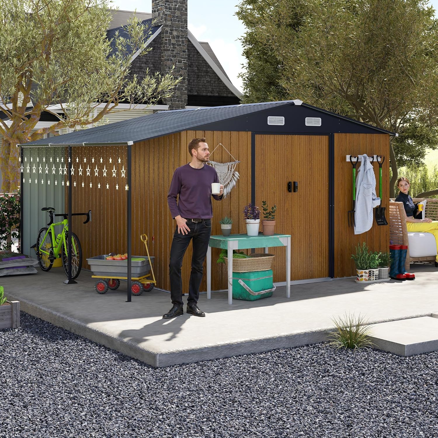 10x12 FT Outdoor Storage Shed with Sliding Lockable Doors & Windows, Extra Large Metal Shed with Dual-Zone Design, Galvanized Steel Utility Shed for Garden, Backyard, Tool Storage (Yellow, 10x12 FT)