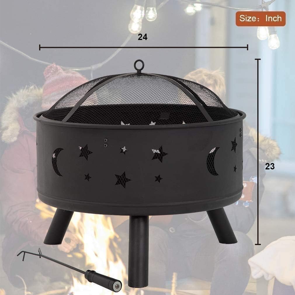 Fire Pits Outdoor Wood Burning Fire Pit Bowl, 24 Inches Diameter Wood Burning Steel Fire Patio & d Firepit for Outside with BBQ Grills Home Garden with Cover BBQ Cooking for Outside Camping Bac