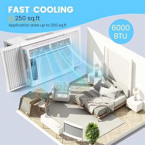 6000 BTU Window Air Conditioner, Window AC Unit Cools Up to 250 Sq. Ft with WiFi., Energy Saving with Remote, App Control, Timer Function, Easy Install Kit for Small Bedroom, Living Room