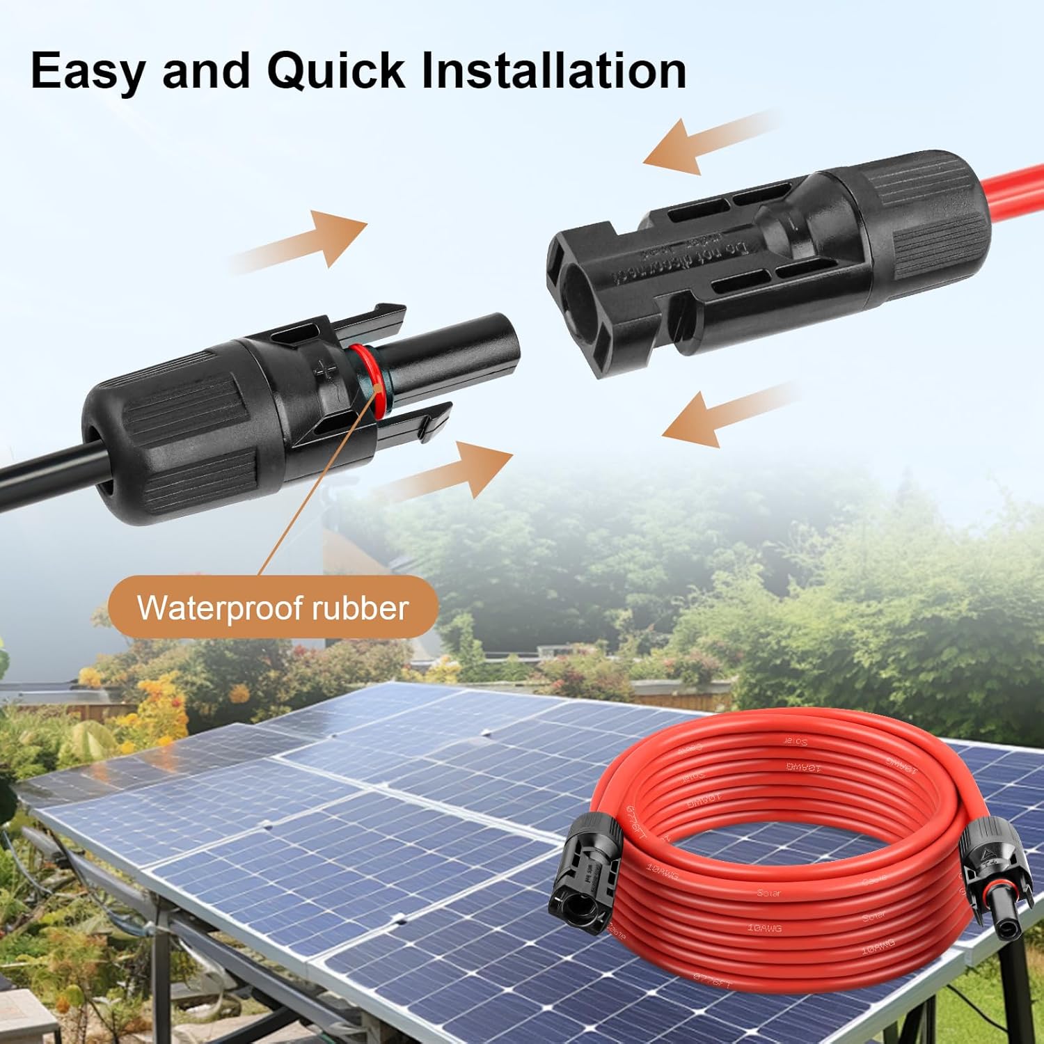 Solar Panel Extension Cable - 10AWG 50FT Solar Wire with Waterproof Male & Female Connectors for RV, Home, Boat, Car (Red + Black)