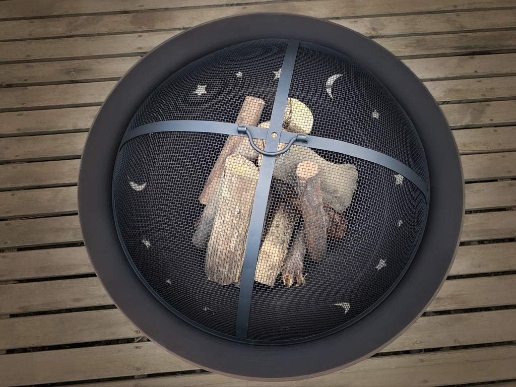 Fire Pit Bowl with Mesh Screen - Cast Iron Outdoor Round Wood Burning Fire Pit for Backyard Patio Garden with Fireplace Poker