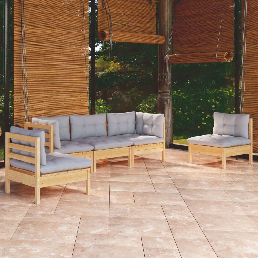 5 Piece Patio Lounge Set with Gray Cushions Solid Pinewood,Versatile Pinewood Patio Lounge Set for Relaxation and Entertainment Furniture Sets for Patio, Lawn & Garden