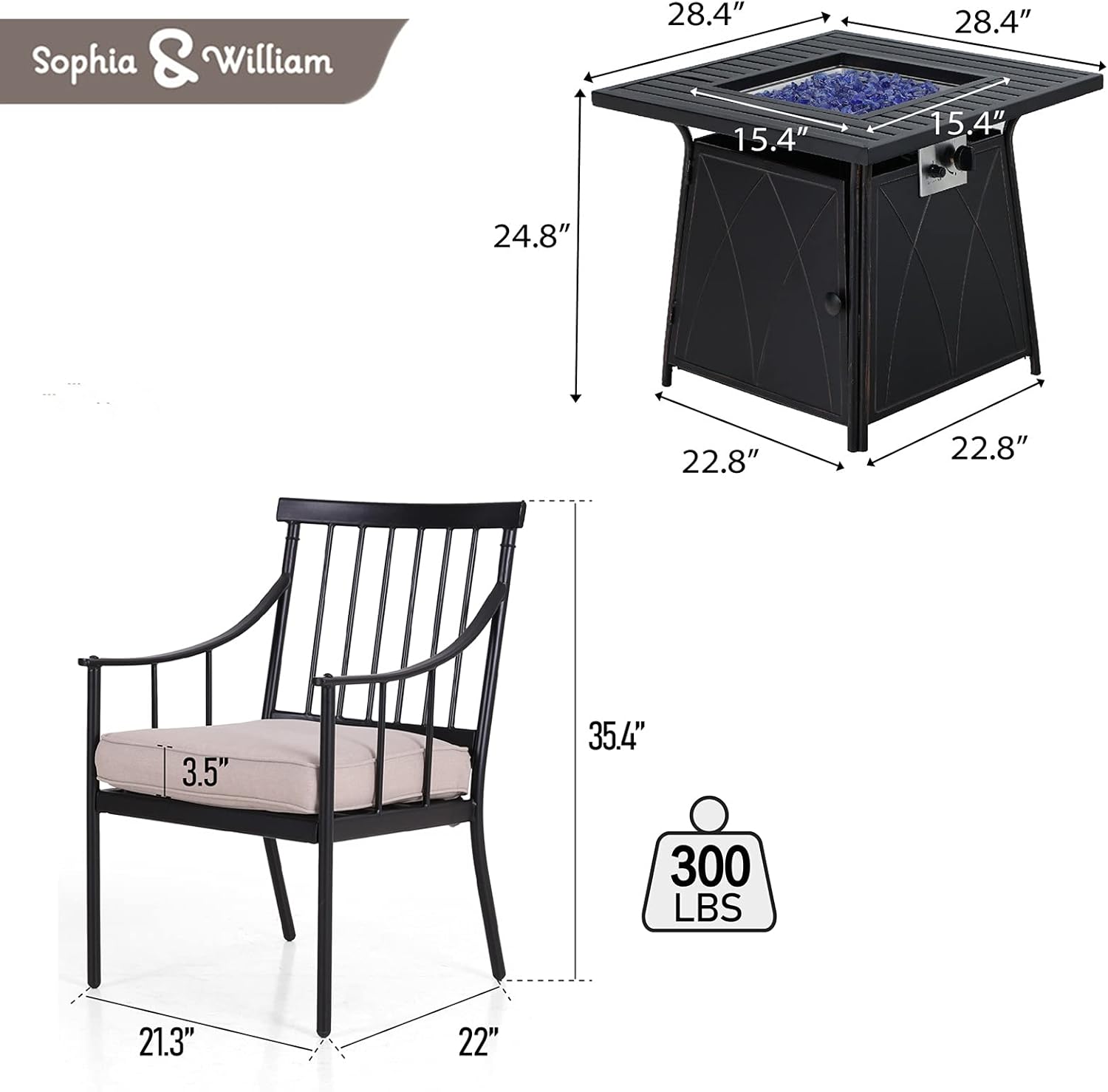 Sophia & William 5 Pieces Outdoor Dining Set with Fire Pit Table, Outdoor Patio Furniture Conversation Set with 4 Chairs & 50,000 BTU Square Propane Firepit Table for Porch Deck