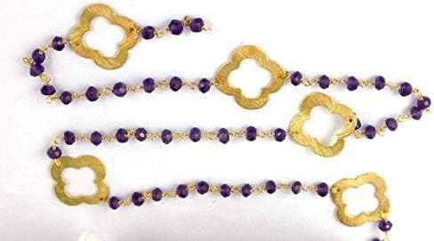 JEWELZ 5 feet natural amethyst clover floral charm beaded chain - 24k gold plated wire wrapped chain - faceted rosary beaded chain 3-4mm