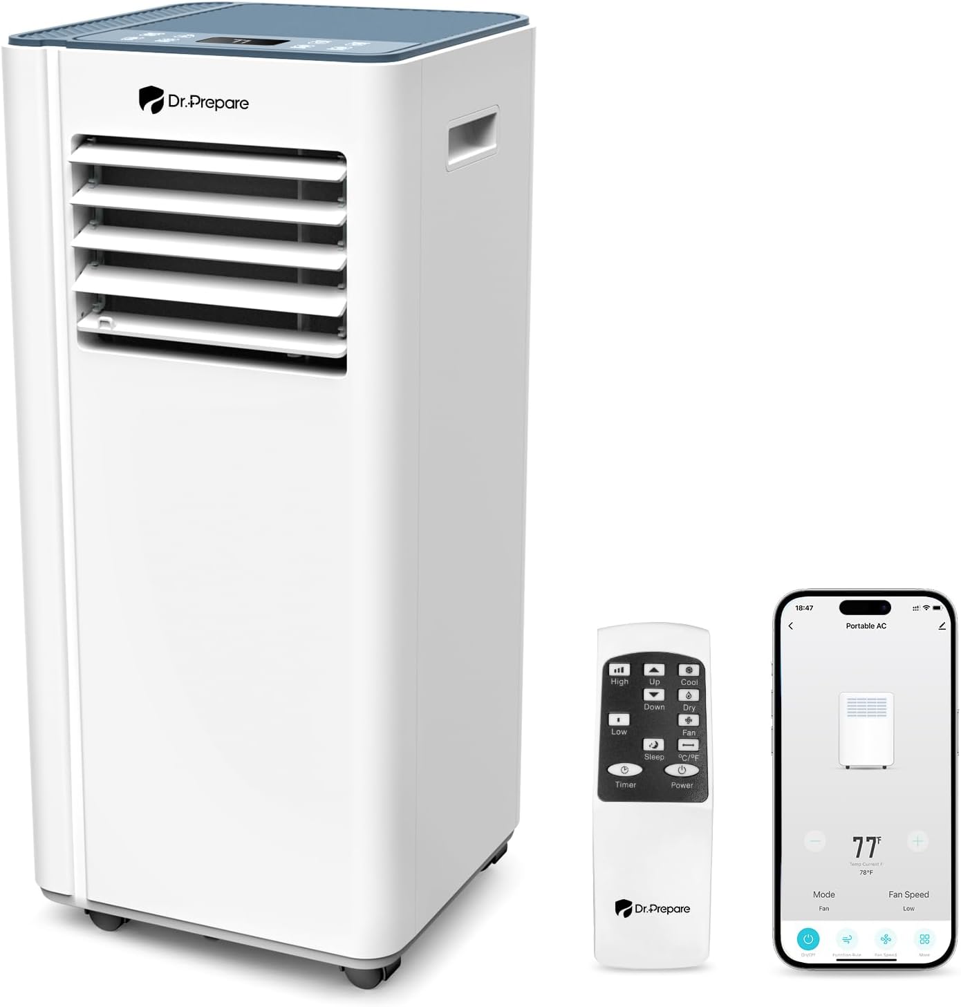 DR.PREPARE 8,000 BTU Portable Air Conditioner with WiFi Enabled, Cooling, Dehumidifier, Fan & Sleep Modes 4-in-1 Portable AC w/Remote Control & 67'' Window Kit, Cools Up To 350 sq. ft, 1-24H Timers