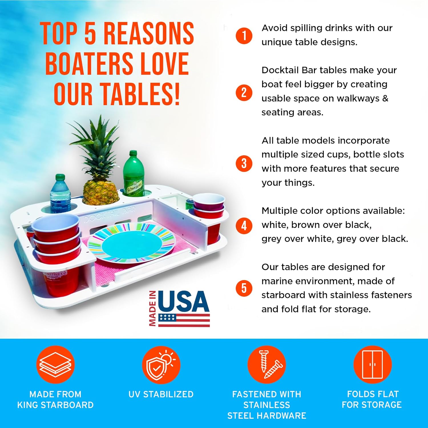 Docktail Butler Boat Table Caddy Organizer - with Pedestal Adapter Plate (Post/Floor Mount Not Included) | Portable Boat Bar with Cup Holders, Boat Storage Accessories