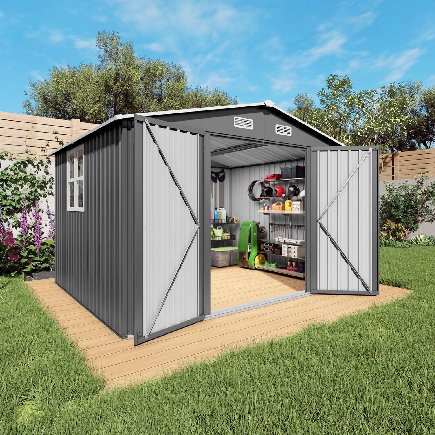 10x8x6.4FT Outdoor Storage Shed, Galvanized Steel Garden Shed with Lockable Door & Window, Waterproof Metal Tool Storage for Garden, Backyard, Patio, Lawn(Grey)