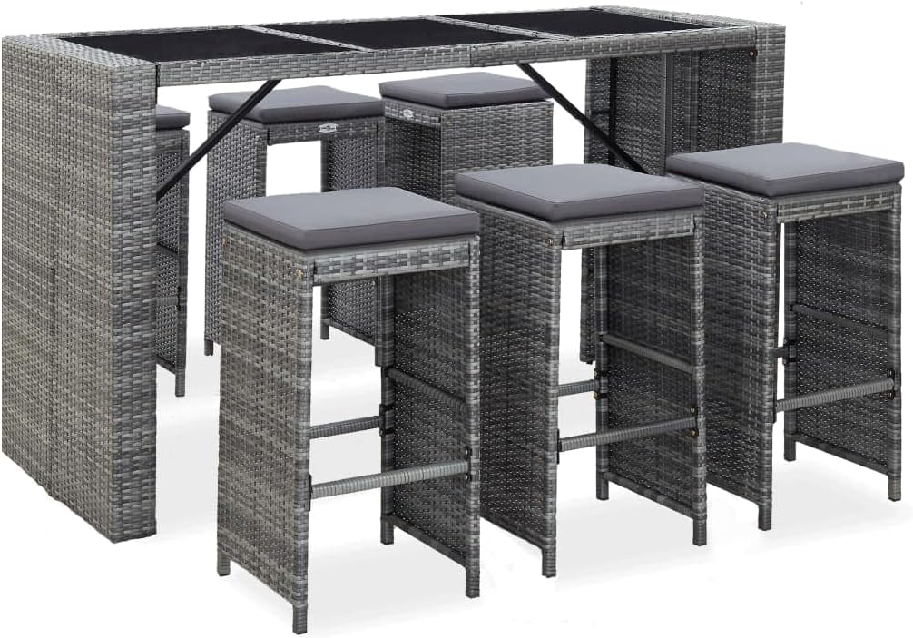 7 Piece Patio Bar Set with Cushions Poly Rattan Gray,Elegant Gray Rattan Garden Bar Set with Frosted Glass Top and Anthracite Cushions for Outdoor Patio and Terrace Patio Furniture Sets, Outdoor Furni