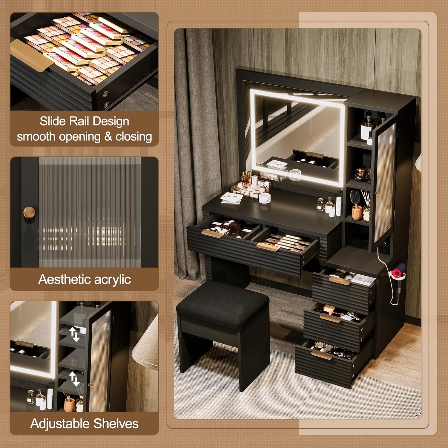 Merax Elegant Vanity Desk with Mirror and Lights, Fluted Makeup Vanity Table & Charging Station, Storage Drawers and Glass Door Cabinet, Black Dressing Table with Stool for Bedroom