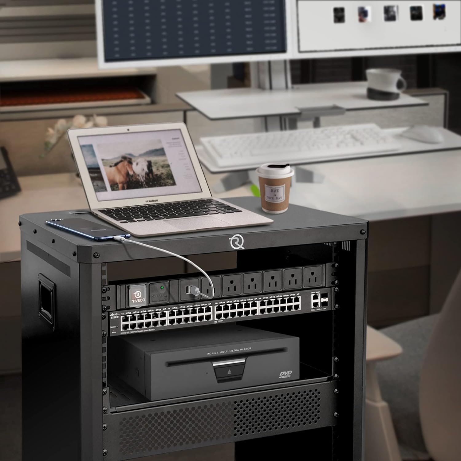 RIVECO 9U Network & Audio Rack with Feet & Wheels, Obtuse Angel Server Rack Cabinet, Rolling Studio Rack Case with Adjustable Depth Rails for 19