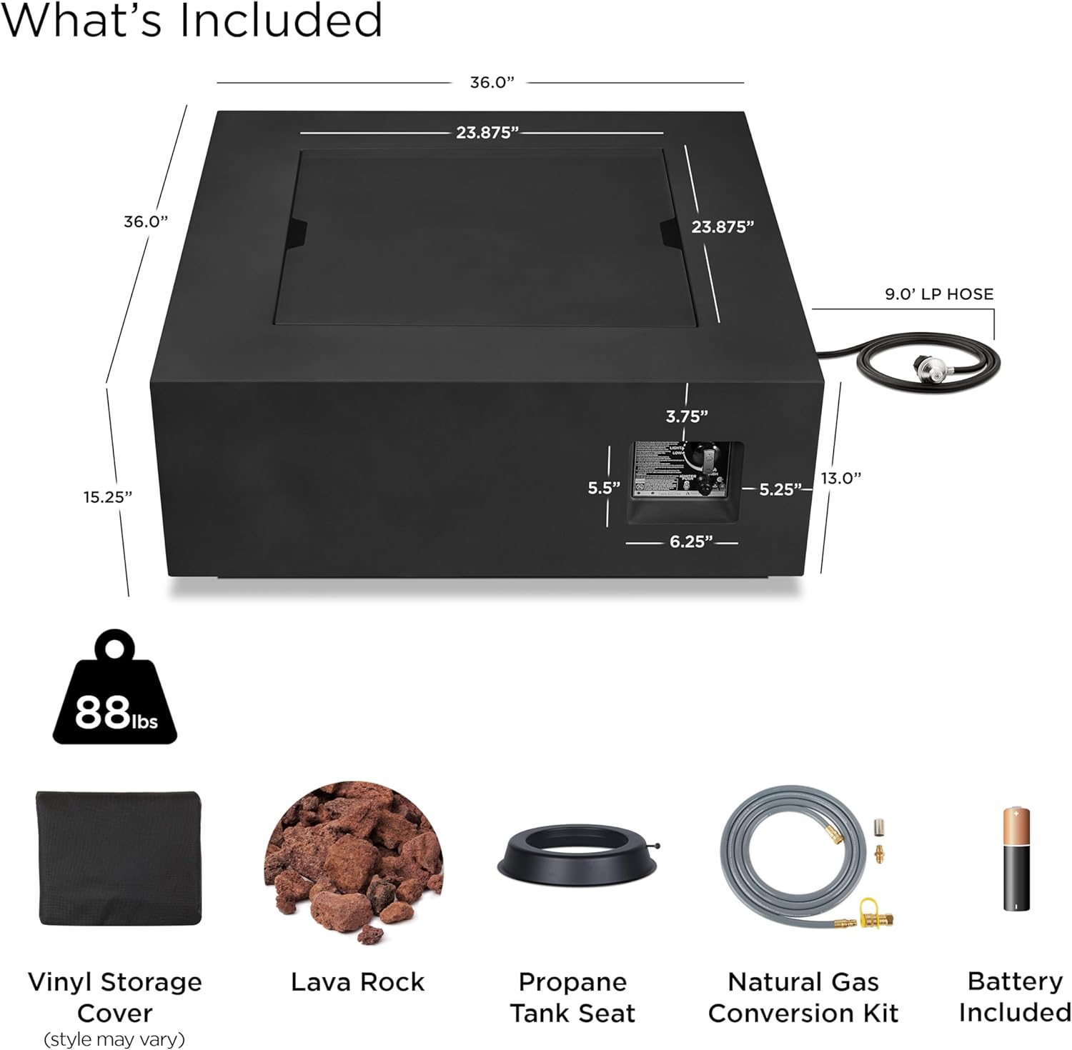 Real Flame Aegean 36”in Square Propane or Natural Gas Fire Pit Table, 50,000 BTU, Powder-Coated Steel, Push-Button Ignition, CSA Certified, Lava Rock, Storage Cover, Stainless Steel Burner with Lid